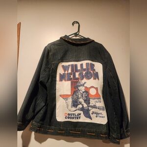 Upcycled Liz & Me Dark Denim Jacket With Willie Nelson Graphic